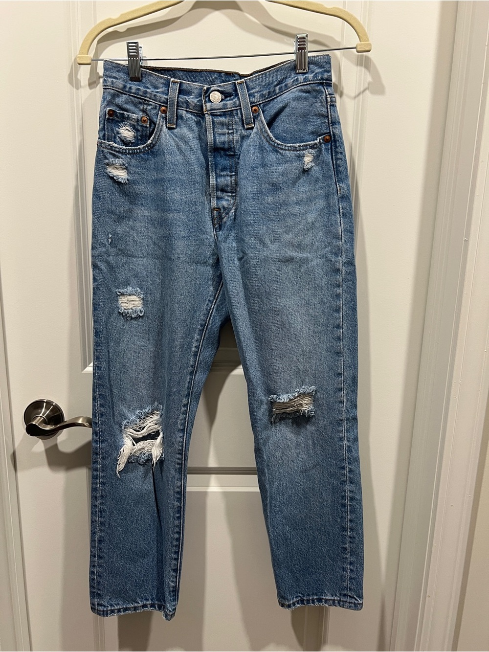Levi's Light Blue Distressed 501 Crop Jeans